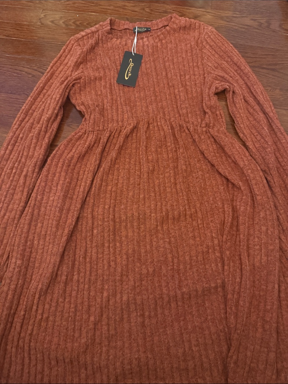 Ribbed Long-Sleeve Sweater Dress in Rust